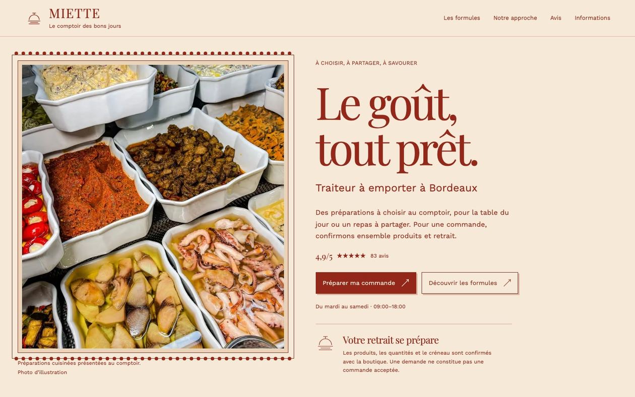 Démonstration fictive MIETTE : site de traiteur sur ordinateur