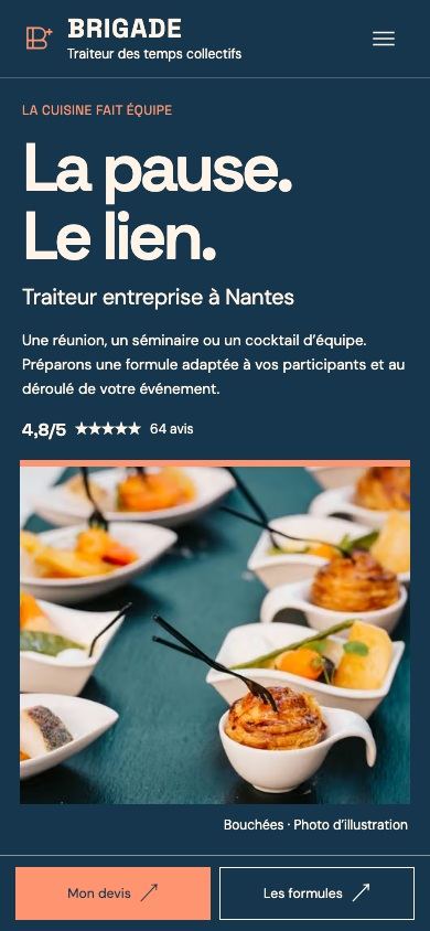 Démonstration fictive BRIGADE sur téléphone : prestations, menus et demande de contact
