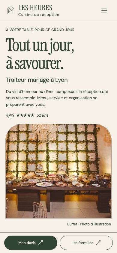 Démonstration fictive LES HEURES sur téléphone : prestations, menus et demande de contact