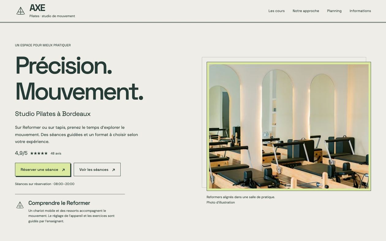 Démonstration fictive AXE : site de yoga ou de Pilates sur ordinateur