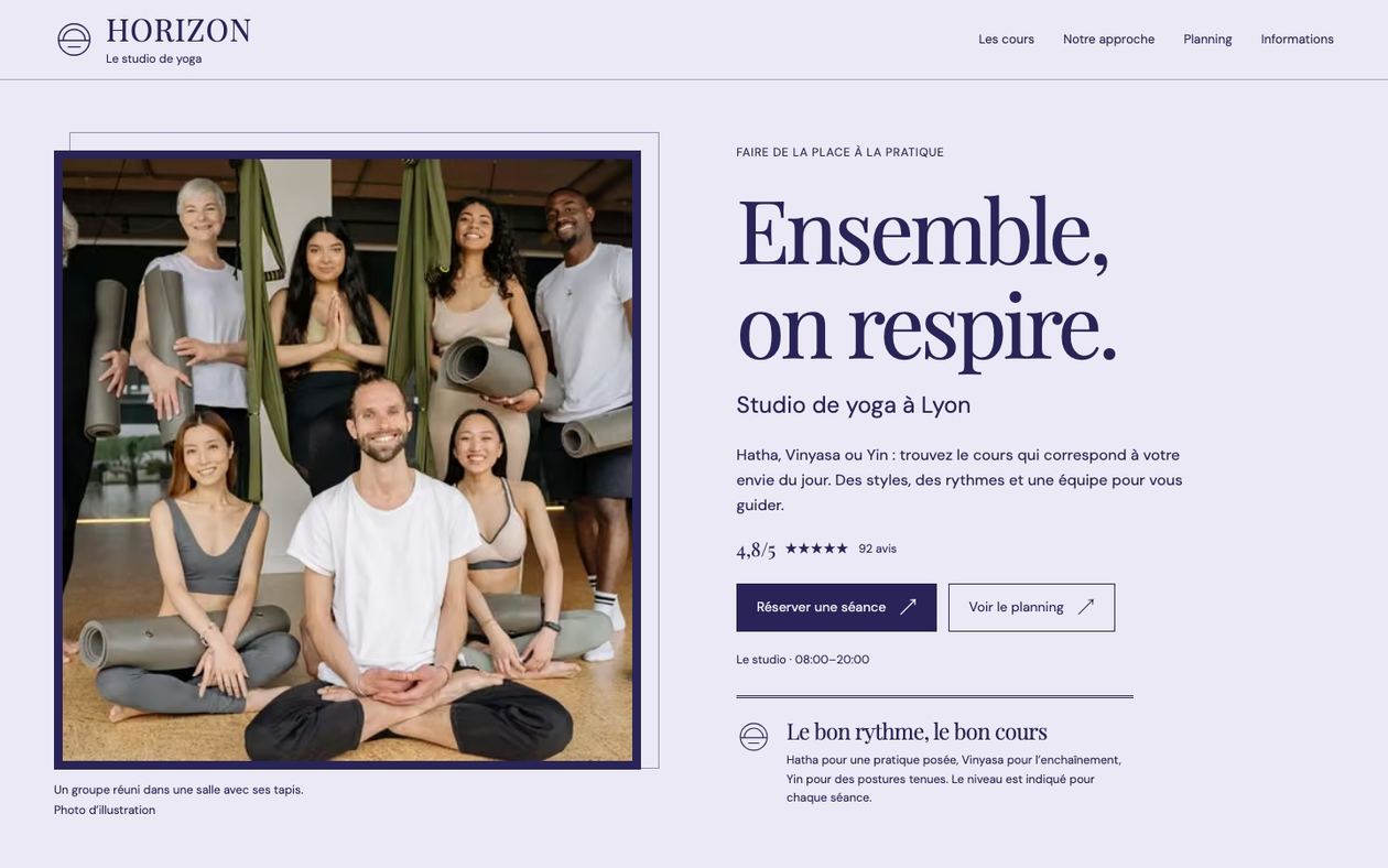 Démonstration fictive HORIZON : site de yoga ou de Pilates sur ordinateur
