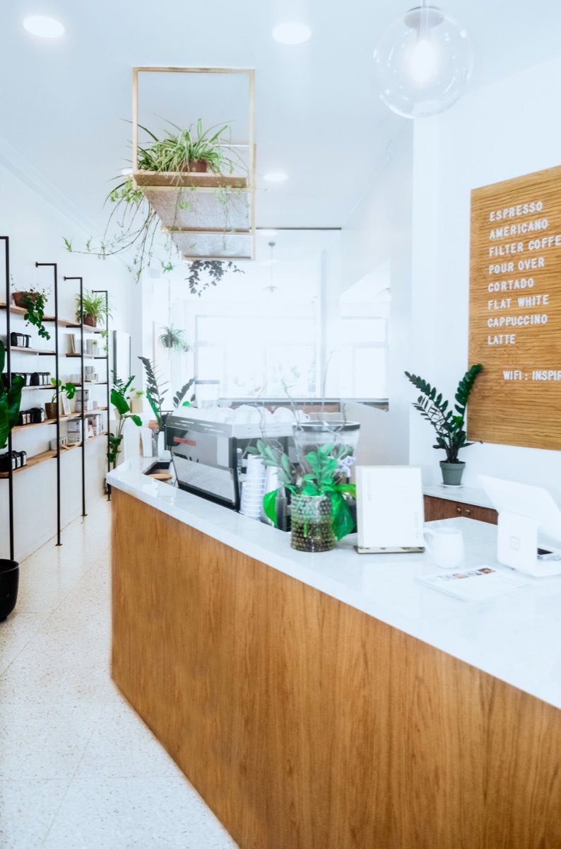 Comptoir en bois clair et marbre, plantes suspendues et sol en terrazzo