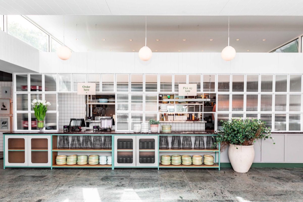 Comptoir de la cantine sous verrière, piles de bols et grande plante verte
